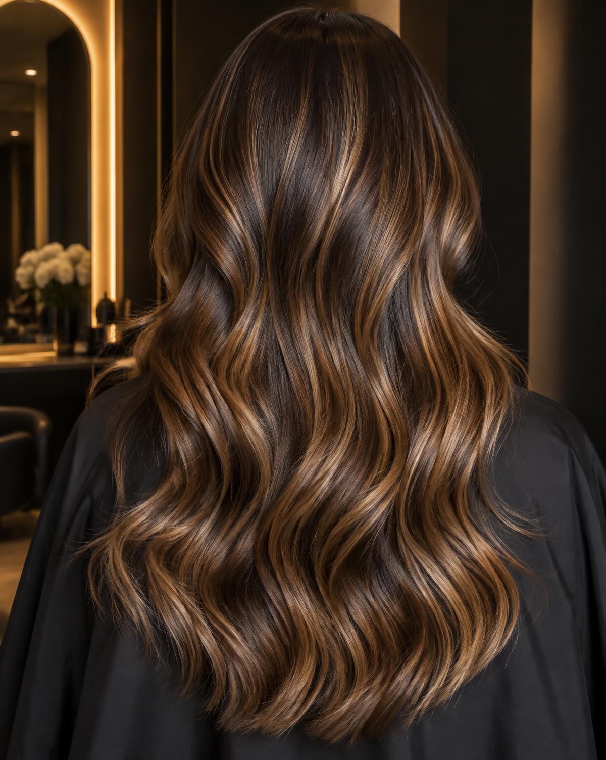 Balayage castano con riflessi caramello realizzato con sfumature naturali